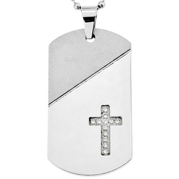 Stainless Steel 1/10CT. T.W. Diamond Cross Dog Tag