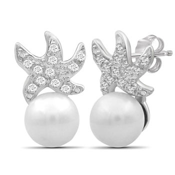 Diamond Accent White Cultured Freshwater Pearl Sterling Silver 1/2 Inch Stud Earrings