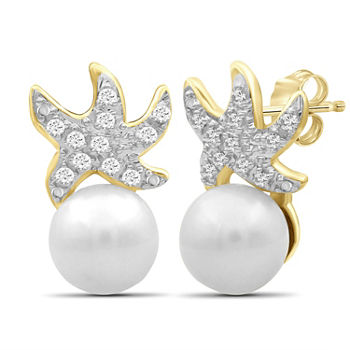 Diamond Accent White Cultured Freshwater Pearl 14K Gold Over Silver 1/2 Inch Stud Earrings