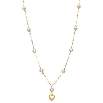 Womens White Cultured Freshwater Pearl 14K Gold Heart Pendant Necklace