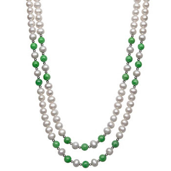 Womens 7MM Green Jade Cultured Freshwater Pearl Sterling Silver Strand Necklace