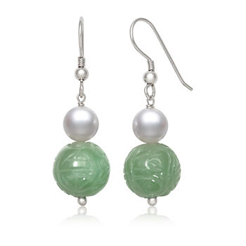 Green Jade Cultured Freshwater Pearl Sterling Silver Drop Earrings