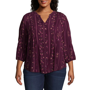 St. John's Bay 3/4 Sleeve Pleated Button Front Tunic - Plus