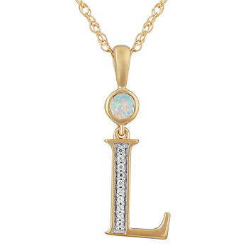 L" Womens Lab Created White Opal 14K Gold Over Silver Pendant Necklace