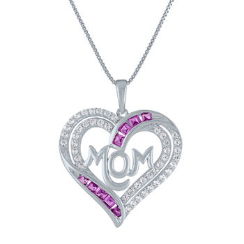 Mom" Womens Lab Created Pink Sapphire Sterling Silver Heart Pendant Necklace