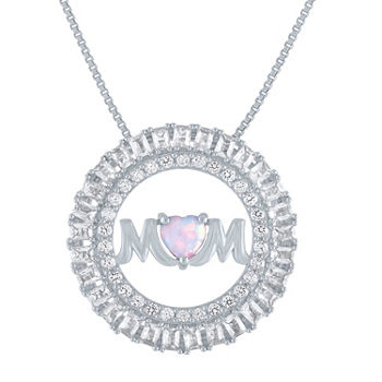 "Mom" Womens Lab Created White Opal Sterling Silver Pendant Necklace