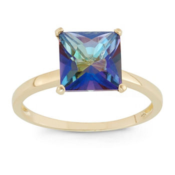 Womens Genuine Mystic Fire Topaz 10K Gold Solitaire Cocktail Ring