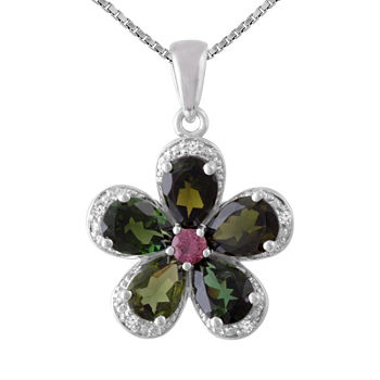 Womens Diamond Accent Green Tourmaline Sterling Silver Flower Pendant Necklace
