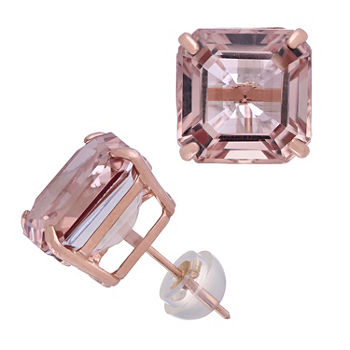Simulated Pink Morganite 14K Rose Gold 10.1mm Square Stud Earrings