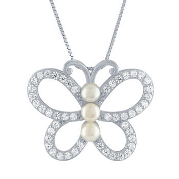 Womens White Cultured Freshwater Pearl Sterling Silver Butterfly Pendant Necklace