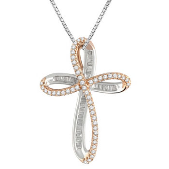 Womens 1/3 CT. T.W. Genuine White Diamond 10K Two Tone Gold Cross Pendant Necklace