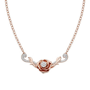 Enchanted Disney Fine Jewelry Womens 1/10 CT. T.W. Genuine White Diamond 10K Rose Gold Flower Beauty and the Beast Princess Pendant Necklace