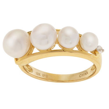 Womens 4MM White Cultured Freshwater Pearl 10K Gold Delicate Cocktail Ring