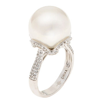 Womens 13MM White Cultured Freshwater Pearl Sterling Silver Cocktail Ring