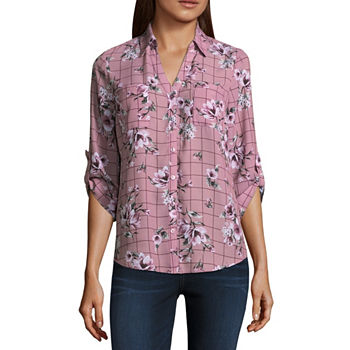 by&by Juniors Womens 3/4 Sleeve Relaxed Fit Button-Down Shirt