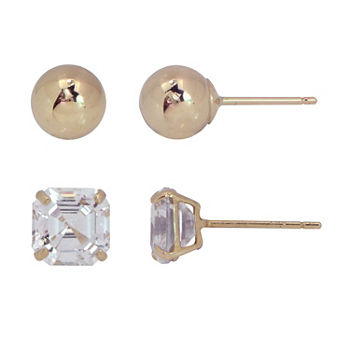 Lab Created White Cubic Zirconia 10K Gold Ball 2 Pair Earring Set