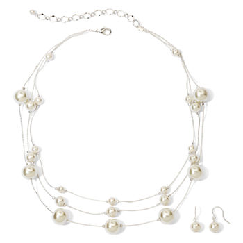 Vieste® Silver-Tone Pearlized Glass Bead 3-Row Necklace and Earring Set