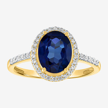 Womens Lab Created Blue Sapphire 10K Gold Halo Cocktail Ring