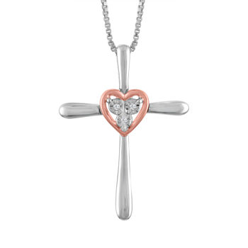 Rose Gold Accent Womens Diamond Accent Genuine White Diamond 10K Rose Gold 10K Two Tone Gold Cross Heart Pendant Necklace