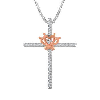 Womens 1/10 CT. T.W. Genuine White Diamond 14K Rose Gold Over Silver Sterling Silver Cross Crown Pendant Necklace