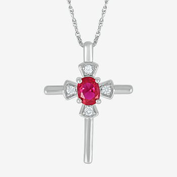 Womens Lab Created Red Ruby Sterling Silver Cross Pendant Necklace