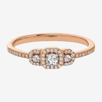 Womens 1/5 CT. T.W. Genuine White Diamond 10K Rose Gold Square Cushion Side Stone 3-Stone Promise Ring