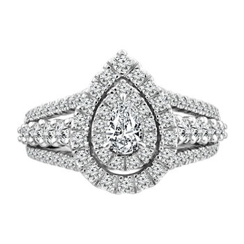 Signature By Modern Bride Womens 1 1/2 CT. T.W. Genuine White Diamond 14K White Gold Pear Side Stone Halo Engagement Ring
