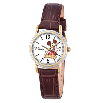 Disney Mickey Mouse Womens Brown Leather Strap Watch W000551