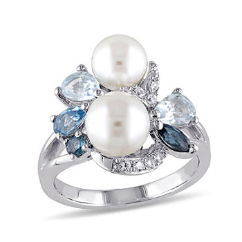 Cultured Freshwater Pearl, Genuine London and Sky Blue Topaz Ring