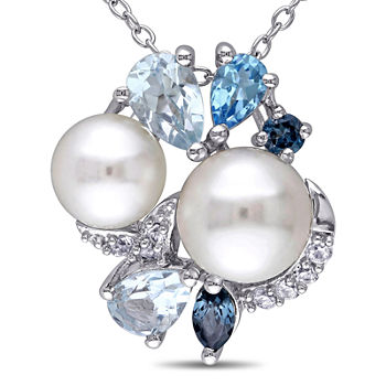 Cultured Freshwater Pearl, Genuine London and Sky Blue Topaz Pendant Necklace