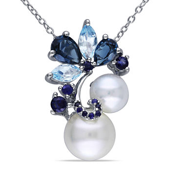 Cultured Freshwater Pearl, Genuine London and Sky Blue Topaz Pendant Necklace
