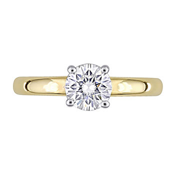 Womens Lab Created White Moissanite 14K Two Tone Gold Solitaire Engagement Ring