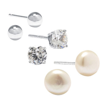 Silver Treasures 3 Pair Cubic Zirconia Cultured Freshwater Pearl Earring Set
