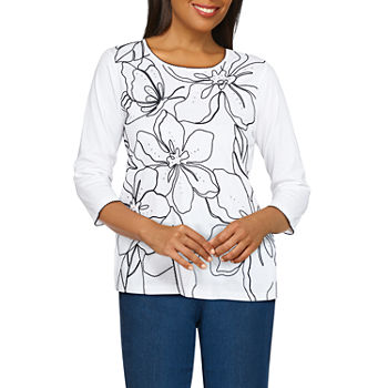 Alfred Dunner Southern Charm Womens Crew Neck 3/4 Sleeve T-Shirt
