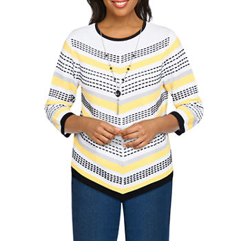 Alfred Dunner Southern Charm Womens Crew Neck 3/4 Sleeve Striped Pullover Sweater