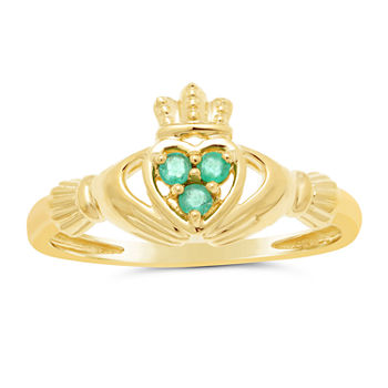 Heart-Shaped Genuine Emerald 10K Yellow Gold Claddagh Ring