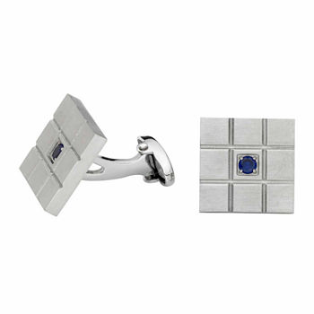 Grid Pattern Cuff Links with Blue Crystal Accent