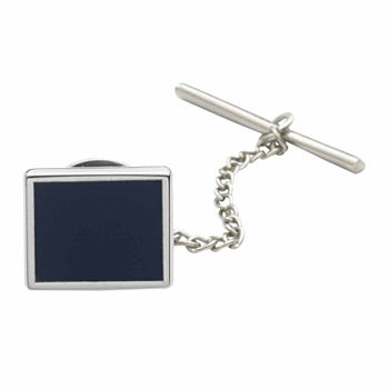 Rhodium-Plated Tie Tack with Blue Enamel Center