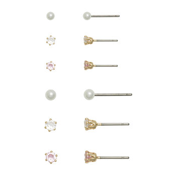 Mixit Gold Tone Crystal & Simulated Pearl Stud 6 Pair Earring Set