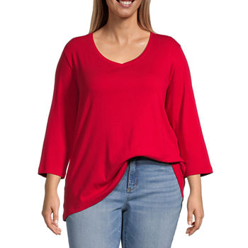 St. John's Bay Womens Plus V Neck 3/4 Sleeve T-Shirt