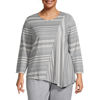 Alfred Dunner Life Of Leisure Womens Plus Round Neck 3/4 Sleeve T-Shirt