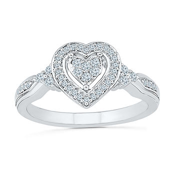 Womens 1/5 CT. T.W. Genuine White Diamond Sterling Silver Heart Side Stone Halo Engagement Ring