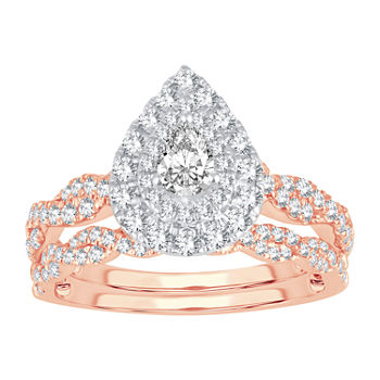 Signature By Modern Bride 1 CT. T.W. Diamond Pear Shape Side Stone Halo Bridal Set in 10K or 14K Rose Gold