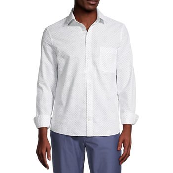 Stafford Seersucker Mens Moisture Wicking Regular Fit Long Sleeve Dots Button-Down Shirt