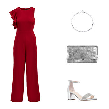 At the Red-dy	Red Ruffled Jumpsuit & Block-Heeled Pumps