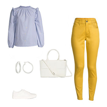 Mellow Yellow	St. John's Bay Embroidered Blouse, Skinny Jeans, Stylus Sneakers & Worthington Woven Tote