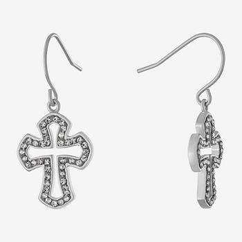 Silver Reflections Crystal Pure Silver Over Brass Cross Drop Earrings