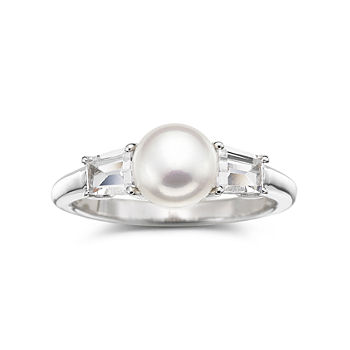 Cultured Freshwater Pearl & Lab-Created White Sapphire 3-Stone Ring in Sterling Silver