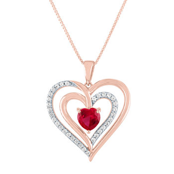 Womens Lab Created Red Ruby 14K Rose Gold Over Silver Heart Pendant Necklace