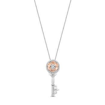 Enchanted Disney Fine Jewelry Womens 1/10 CT. T.W. Genuine White Diamond 14K Rose Gold Over Silver Keys Beauty and the Beast Belle Princess Pendant